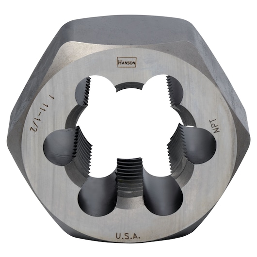 IRWIN 7407 hexagonal threading die, silver metal, front angle on white background.