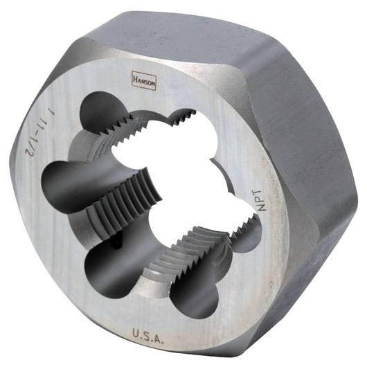 IRWIN hexagonal steel pipe die for threading, silver color, angled view, SKU 7407.