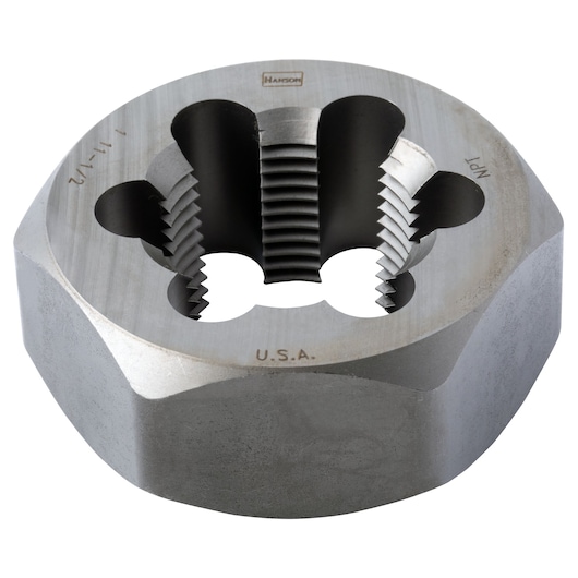 Photo of IRWIN 7407 round steel threading die, silver finish, close-up on white background.