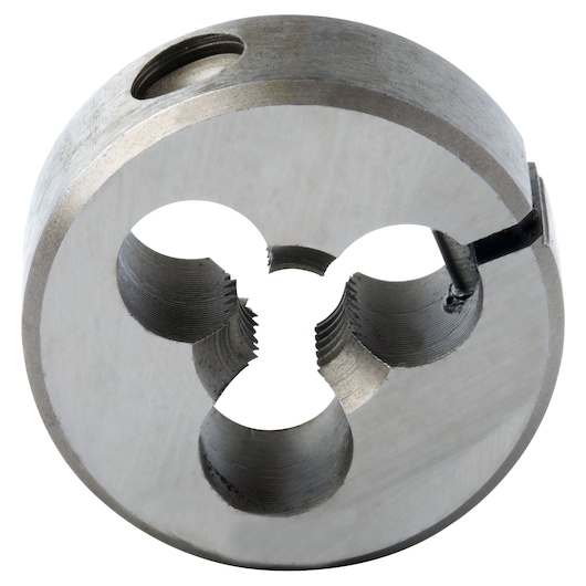 Photo of IRWIN round threading die 7523, silver metal, close-up angle on white background.