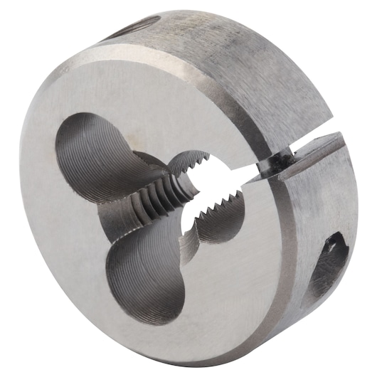 IRWIN 7523 round steel threading die with split design, side angle, on white background.