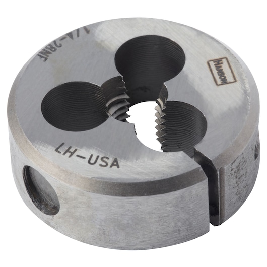 IRWIN round metal threading die 7523 with visible side engraving and thread details, white background, close-up angle.