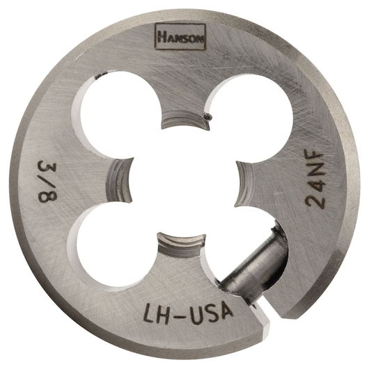 Photo of IRWIN SKU 7536 round metal threading die, marked 3/8 24NF LH-USA, close-up on white background.