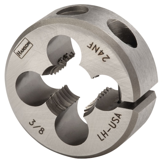 IRWIN round metal threading die with visible 'Hanson' logo and engraved size markings, SKU 7536, close-up angle.