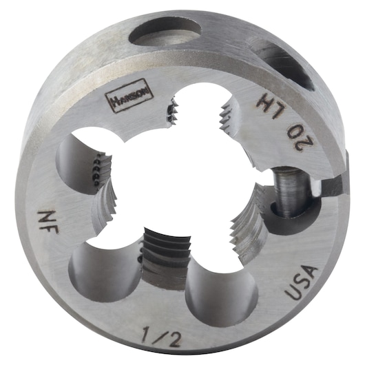 IRWIN 7545 round metal threading die with engraved markings, photographed on a white background.