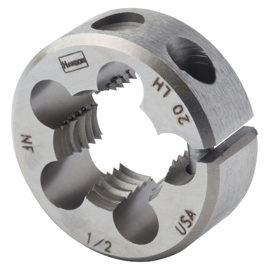 IRWIN 7545 round adjustable die, metal threading tool, left-hand threads, closeup angle, silver finish.