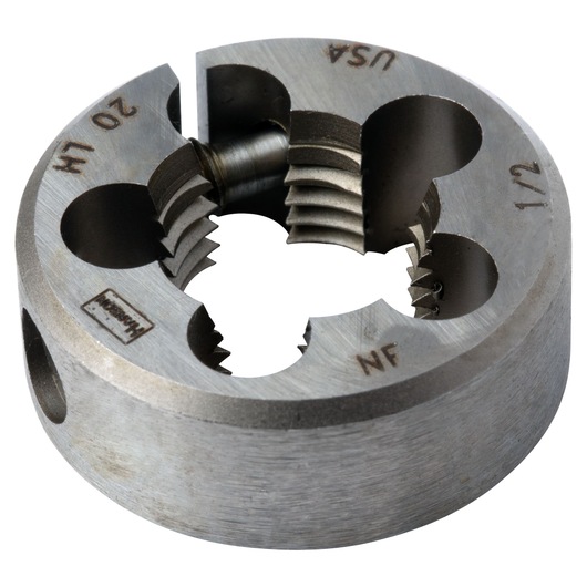IRWIN 7545 round steel threading die showing side angle on white background, engraved size and thread markings visible.