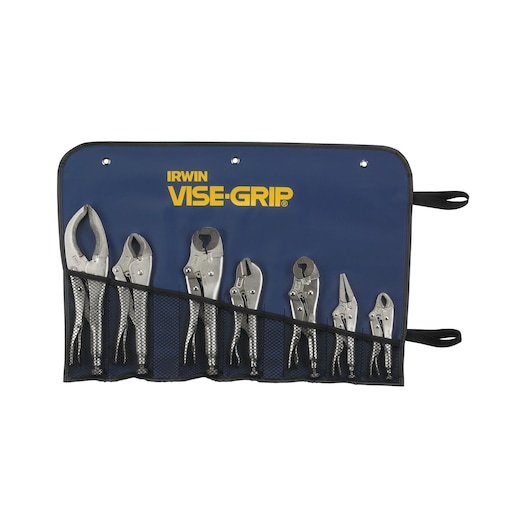 IRWIN VISE-GRIP 757KB locking pliers set in blue roll-up pouch, front angle on white background.