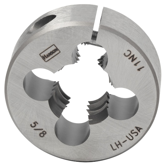 IRWIN 7652 round metal threading die, silver finish, angled product photo on white background.