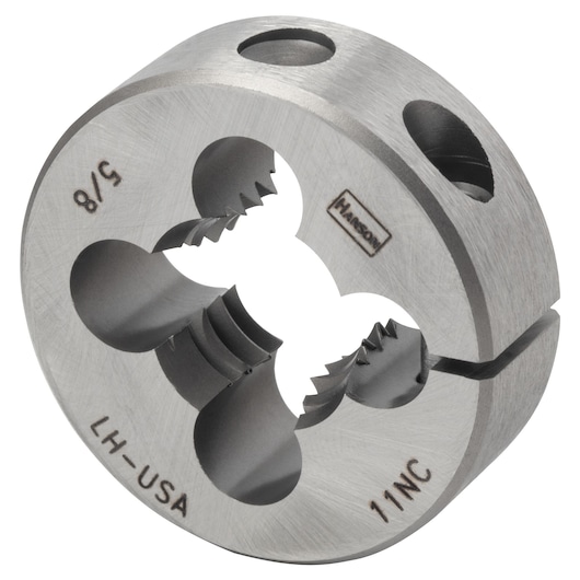 IRWIN Hanson steel round threading die, 7652, close-up angle on white background.