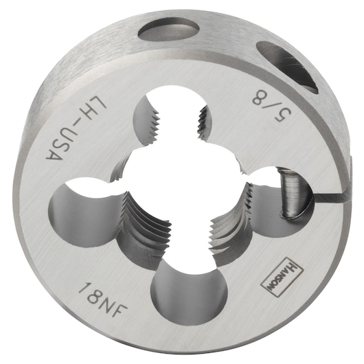 IRWIN round metal threading die 7654 for 5/8-18NF, left hand thread, close-up on white background.