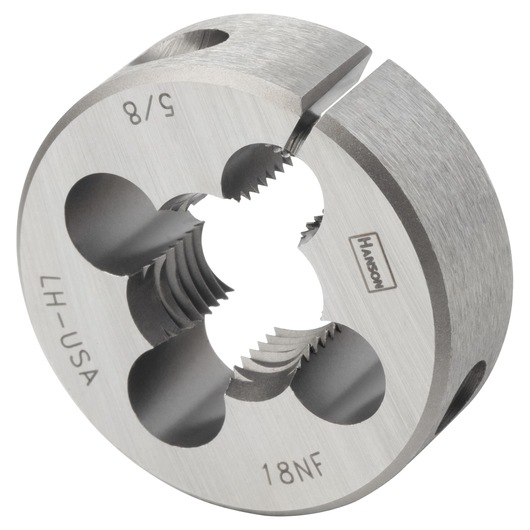 IRWIN metal round die 7654 for thread cutting, angled view on white background.