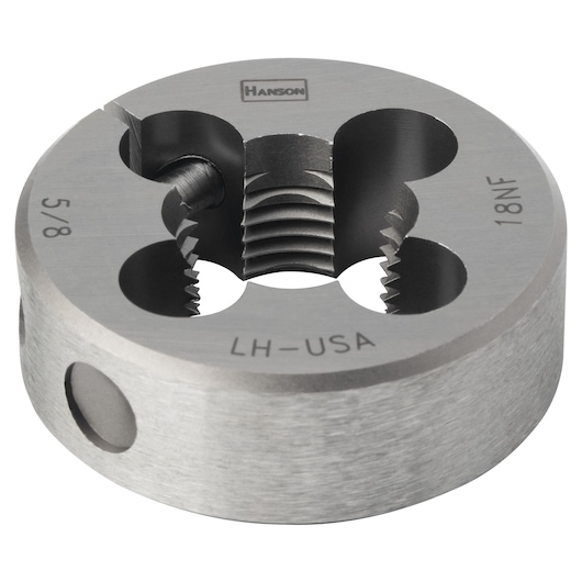 IRWIN die 7654, round steel threading tool with engraved size markings, angled studio view.