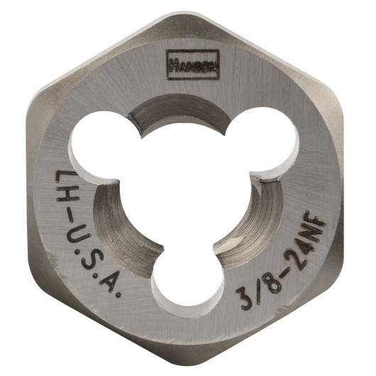 IRWIN 7736 hex die, steel, 3/8-24NF left hand, close-up on white background.