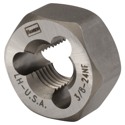 IRWIN hexagonal steel threading die, 3/8-24NF size, close-up angle, SKU 7736.