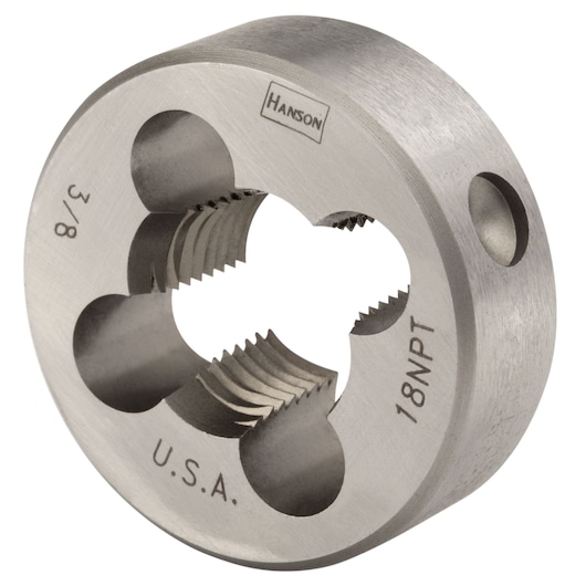 IRWIN 7736 round metal threading die with HANSON branding, 3/8 18NPT marking, front angle on white background.