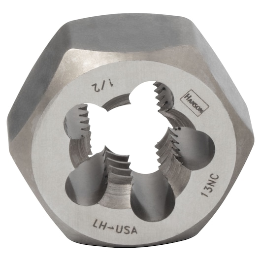 IRWIN 7744 hexagonal threading die, silver metal, close-up on white background, visible thread details.