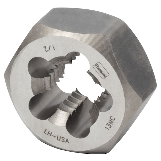 IRWIN 7744 hexagonal steel threading die, silver color, close-up on white background.