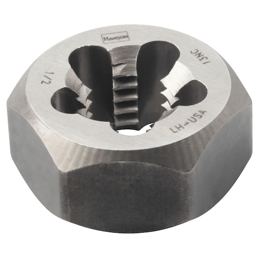 Photo of IRWIN 7744 round metal die, precision threading tool, silver color, angled view on white background.