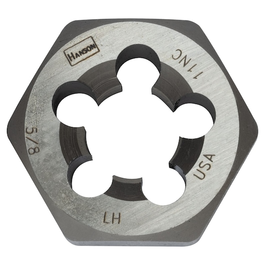 IRWIN 7752 hexagonal threading die with engraved markings, metallic finish, top view, white background.