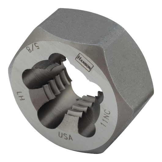 IRWIN 7752 steel hexagonal threading die for cutting threads, close-up angle on white background.