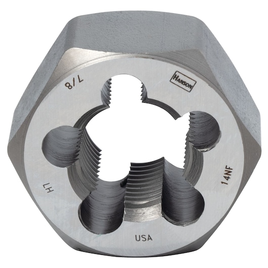 Photo of IRWIN 7763 hexagonal steel threading die, close-up on threads and engraved specifications, white background.