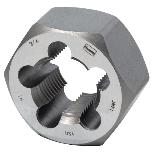 IRWIN hexagonal threading die, model 7763, steel, 7/8-14NF, left-hand thread, close-up on white background.