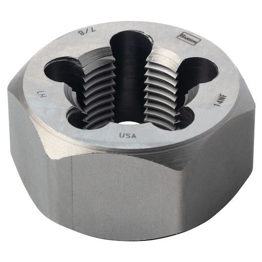 IRWIN 7763 hexagonal threading die, silver metal, macro photo on white background.