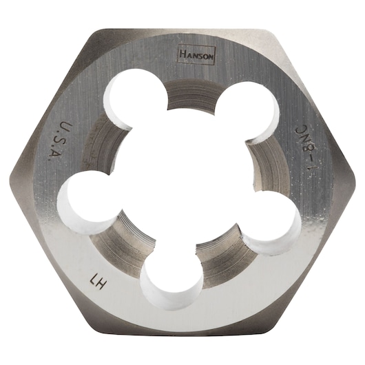IRWIN 7765 hexagonal steel die, close-up on white background, threaded cutting tool for metalwork.