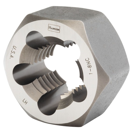 IRWIN 7765 hex die with sharp threading edges, silver finish, front angle on white background.
