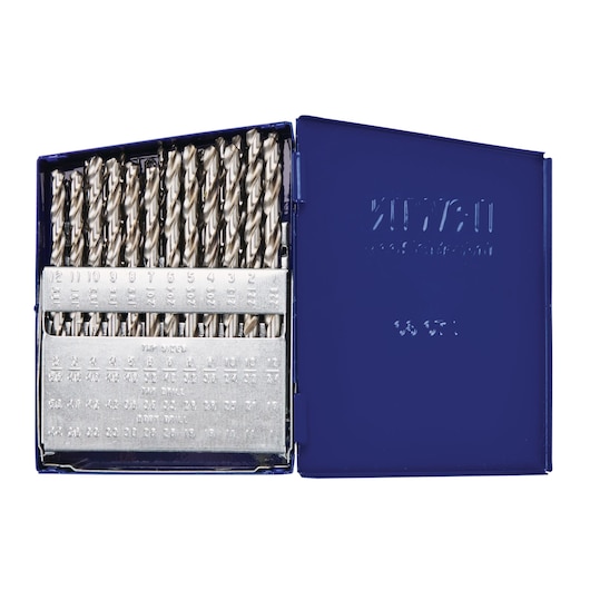IRWIN 80181 drill bit set in blue metal case, open to show multiple drill bits organized by size, front angle.