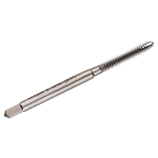 IRWIN 8018 metal threading tap tool, straight flute, silver, side angle, on white background.