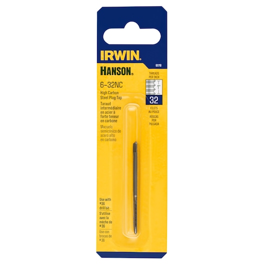 IRWIN 8018 high carbon steel plug tap, 6-32NC, 32 threads per inch, front packaging, photography.