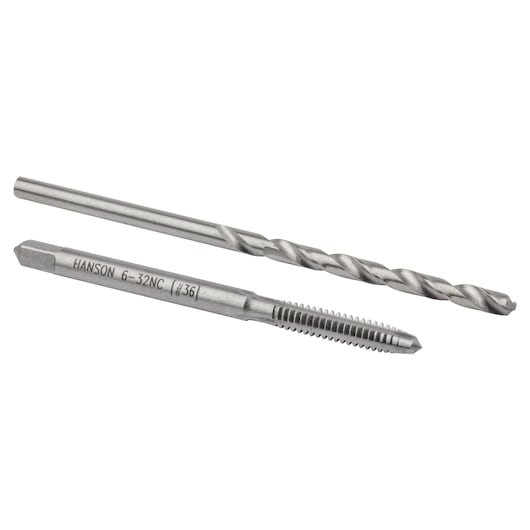 Photo of IRWIN 80213 drill and tap set, two silver metal tools, flat lay on white background.