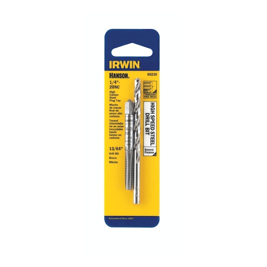 IRWIN 80230 high speed steel drill bit and plug tap set in retail packaging, front angle, yellow and blue card.
