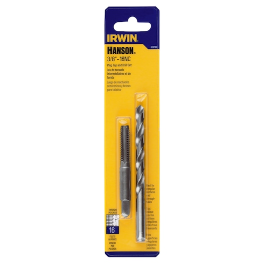 IRWIN 80238 plug tap and drill set in retail packaging, includes one tap and one drill bit, front angle.