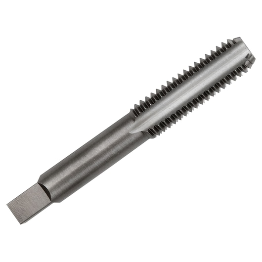 IRWIN 80242 straight flute tap, silver metal, close-up angle on white background.