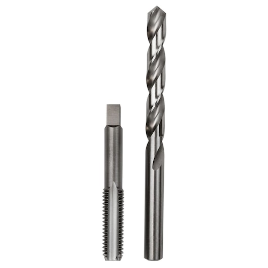 IRWIN 80242 steel tap and drill bit set, front angle on white background, photography of two metal tools.