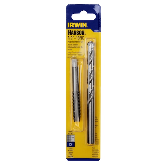 IRWIN 80242 plug tap and drill set in retail packaging, yellow and blue card, shown from the front on white background.