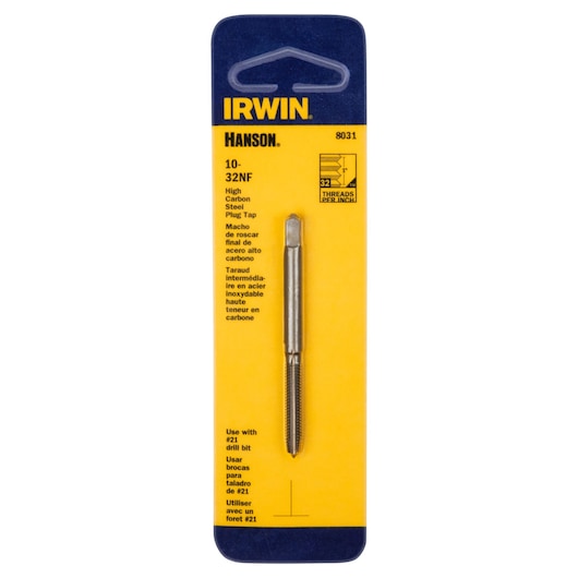 IRWIN high carbon steel plug tap 10-32NF, SKU 8031, in retail packaging, front angle on white background.