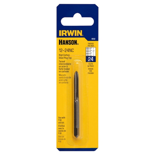 IRWIN Hanson 12-24NC high carbon steel plug tap in yellow and blue packaging, front angle, 8032.