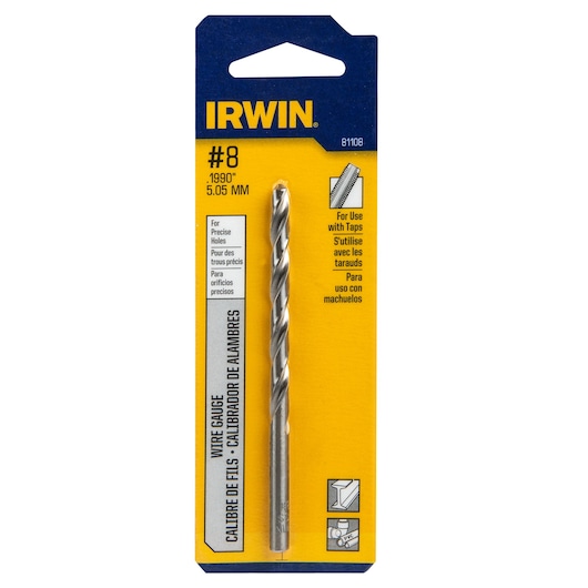 IRWIN 81108 wire gauge drill bit in silver, size #8 5.05 mm, in retail packaging, front angle.