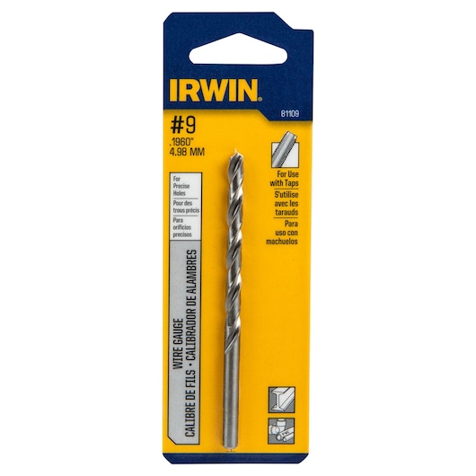 IRWIN 81109 wire gauge drill bit in retail packaging, front angle, yellow and blue card backing.