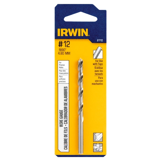 IRWIN 81112 wire gauge drill bit in retail packaging, size #12, 4.80mm, for precise holes, front angle on white background.