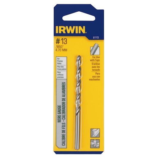 IRWIN 81113 wire gauge drill bit in yellow and blue packaging, #13, 4.70mm for precise holes, front angle.