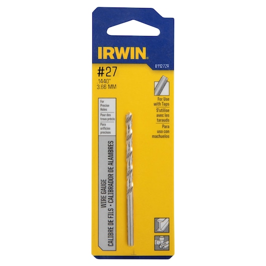 IRWIN 81127ZR wire gauge drill bit, #27 size, .1440 inch diameter, for use with taps, front view on white background.