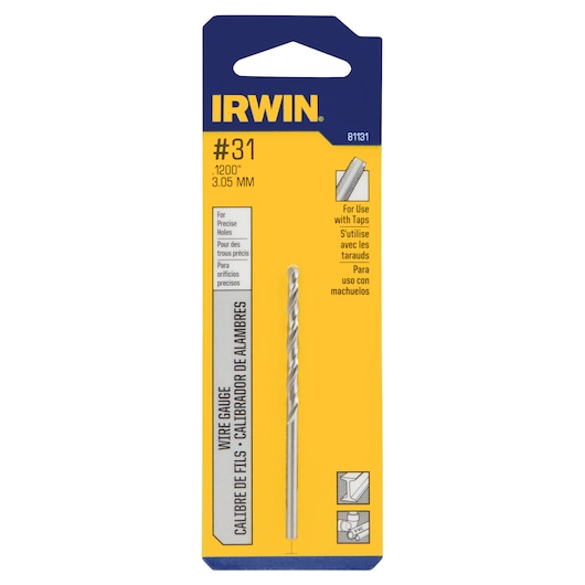 IRWIN 81131 wire gauge drill bit in retail packaging, yellow and blue, front view.