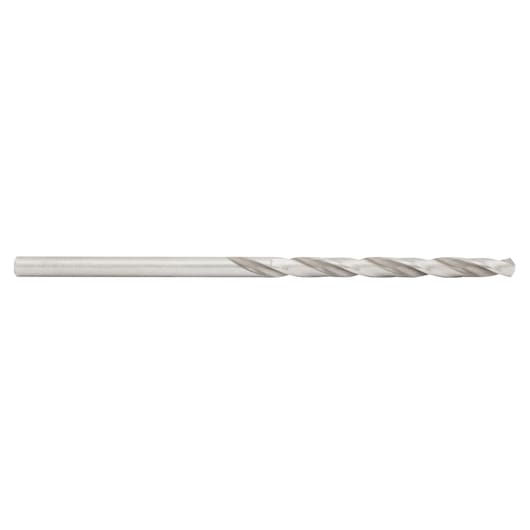Photo of IRWIN 81132 silver metal twist drill bit, side angle on white background.