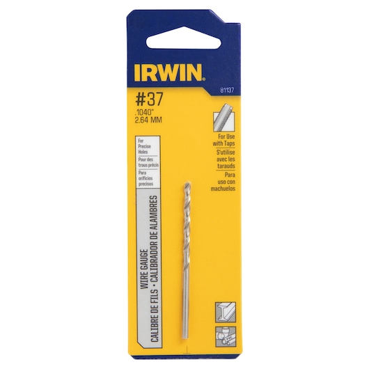 IRWIN 81137 wire gauge drill bit in retail packaging, yellow and blue card with clear display of the bit, front angle.