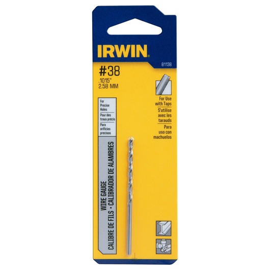 IRWIN wire gauge drill bit #38 2.58 mm in yellow and blue packaging, front angle, SKU 81138.